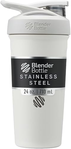 BlenderBottle Strada Shaker Cup - Botella de agua aislada de acero inoxidable con batidor de alambre, 24 onzas, color blanco  Insulated, Water