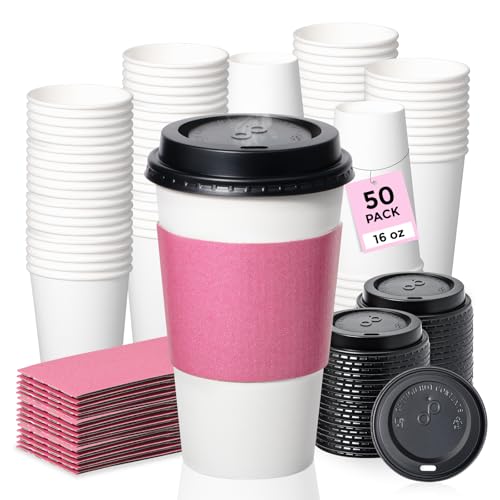 Fit Meal Prep 50 Pack 16 oz Disposable Coffee Cups with Lids and Pink Sleeves, Lead-Proof Sturdy To Go Coffee Cups with Lids, Pink Hot Paper Cups for Party, Wedding, Birthday (Black Lids)
