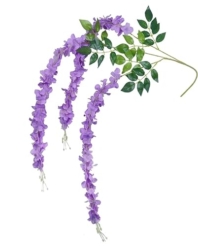 Image of 6 Pcs Artificial Polyester Hanging Flower Wisteria Vines Fake Flowers Vines for Home Party Wedding Garden Outdoor Greenery Decoration (6, Purple)
