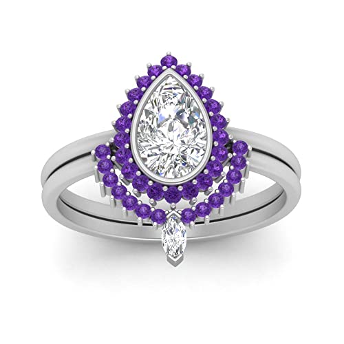 Image of 55Carat Choose Your Gemstone Bezel Pear Shape Halo CZ Diamond CZ Ring Sterling Silver Pear Shape Wedding Ring Sets Ornaments Surprise for Wife Symbol of Love Clarity Comfortable US Size 4 to 12