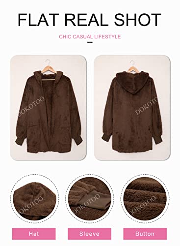 Image of Dokotoo Womens 2025 Winter Long Sleeve Solid Fuzzy Fleece Open Front Hooded Cardigans Jacket Coats Outerwear with Pocket