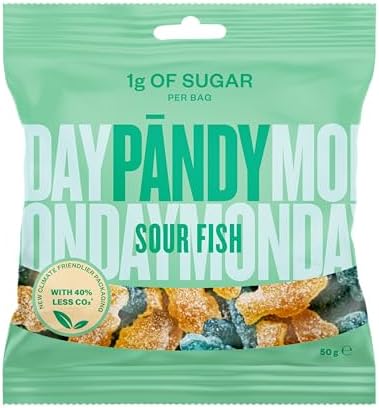 PANDY Candy Sour Fish, Only 1g Sugar & 70 Calories, Blueberry & Lemon Flavour Gummy Sweets, 50g