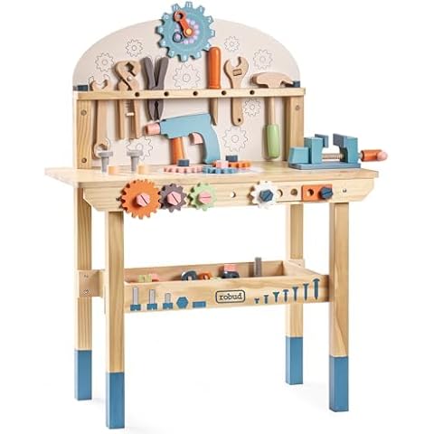 ROBUD Large Wooden Play Tool Workbench Set for Kids Toddlers, Construction Workshop Tool Bench Toys Gift, Multicolor Cover