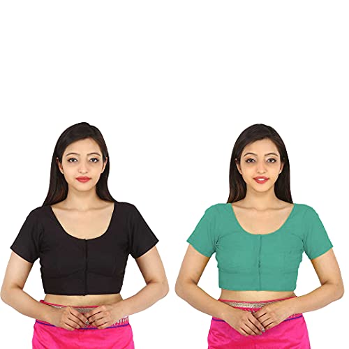 Image of Namita Women's Rubia Cotton Half Sleeve Readymade Regular Fit Blouse (U-Cot-Com-2-Black-Lightgreen-40 Black, Light Green 40)