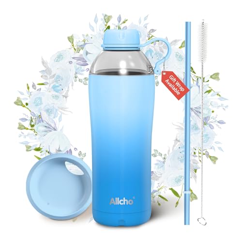 Allcho Insulated Water Bottle for Women, 18 oz Stainless Steel Water Bottles, Double Walled, 2 Lids (Chug & Tumbler) - Hydrate & Caffeinate, Gifts