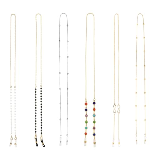 Lunpoem 6PCS Cadenas de Anteojos Metal, 70cm, Cordón Elegante Metálico con Perlas Cristal, Llavero Antideslizante Universal, Porta Gafas de Sol y Mascarilla, Collar Joya Chic Multifuncional