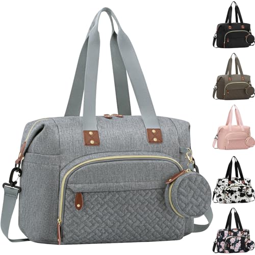 Diaper Bag Tote with Pacifier Case, Baby Bag for Women with Shoulder Straps, Travel Diaper Tote for for Mom and Dad Medium Size, Grey