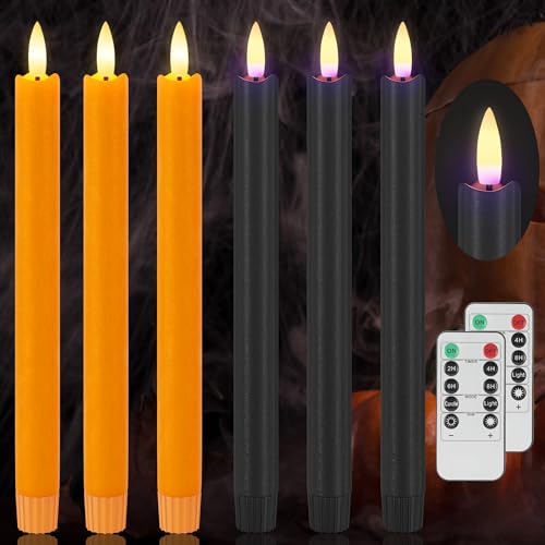 Image of Orange & Black Flameless Taper Candles with Remote, Halloween LED Candles | Battery Operated Candle with 3D Wick, 9.6 inch Real Wax Fake Candlesticks, Warm Candle Light for Home, Table, Party, 6 Pack