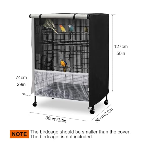 Image of Bird Cage Cover, 600D Universal Parrot Cage Cover for Night, 100% Shading Oxford Cloth with Waterproof PU Coating Layer, Adjustable Soft Airy Nylon Mesh Net