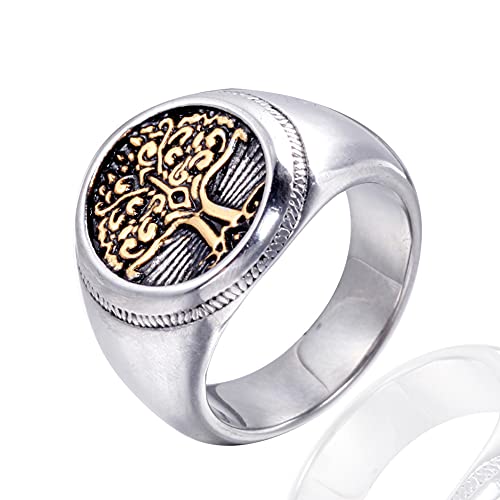LH&BD Yggdrasil Ring Männer Rostfreier Stahl Jahrgang Runden Signet Biker Band Wikinger Schmuck,Gold,12 Cover