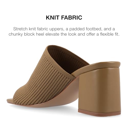 Journee Square Open Toe Chunky Block Heel Knit Slip-On Pump for Women - Lorenna Heeled Fashion Mule Olive, 7.54