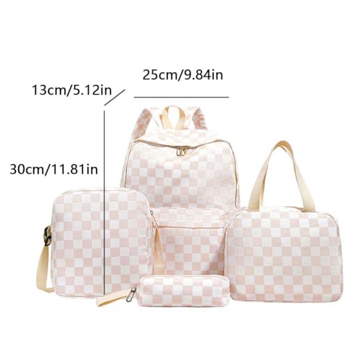 Checkered Backpacks Schoolbag set Bookbags Laptop Bags for Women Travel Daypacks (Beige)2