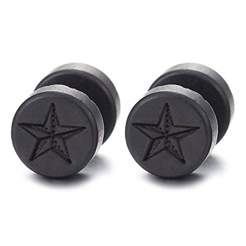 10MM Hombre Mujer Negro Madera Círculo Pendientes con Estrella, Aretes, Acero Enchufe Falso Fake Cheater Plugs Gauges