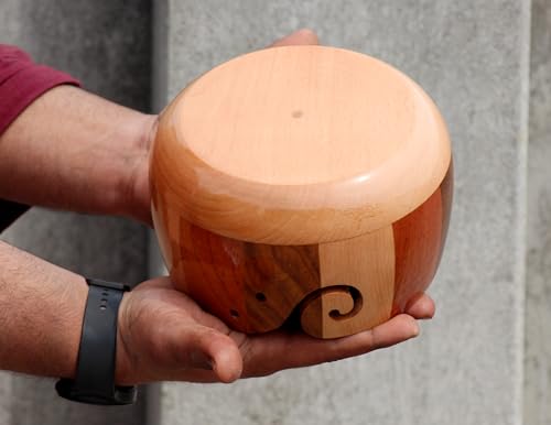 Image of Wooden Yarn Storage Bowl With Carved Holes & Drills, Wooden Knitting Yarn Bowl Handcrafted, Wooden Yarn Storage Bowl Yarn Holder Best Gift Idea for Knitters (Large)