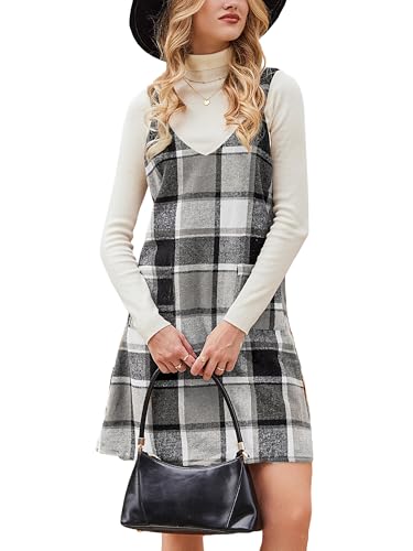 CUPSHE Damen Latzrock V Ausschnitt Taschen Karomuster A Linie Latzkleid Overallkleid Freizeitkleider Plaid Mini Dress Schwarz Plaid M