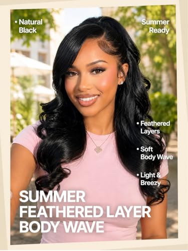 Image of Sunber Layer Body Wave Wig Human Hair Glueless 13x4 HD Lace Front Wig Pre Cut Lace Pre Plucked Pre Bleached Knots 200% Density Left Side Part Drawstring Wig Put On and Go 26inch