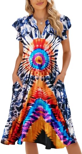 Image of Womens Summer Dress Ruffle Sleeve V Neck Midi Dresses Casual Fit Flowy Tiered Boho Beach Vacation Sundress