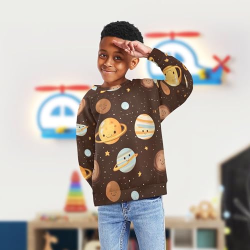 JUNZAN Cartoon Outer Planets Alphabet Brown Little Boys Sweatshirt Hoodie Crewneck Sweatshirt With Hoodie Athletic 4T4