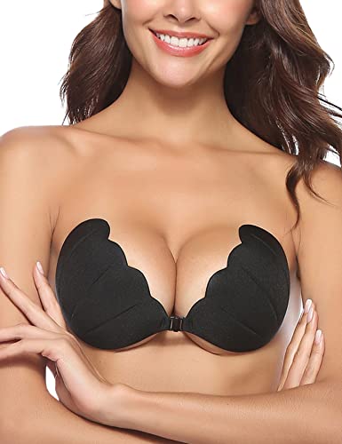 Doaraha Klebe BH Push Up Silikon Trägerloser BH Rückenfreier Bra mit Dem Selbstklebendem BH für Hochzeit Abendkleider Weihnachten (Schwarz, E) Cover