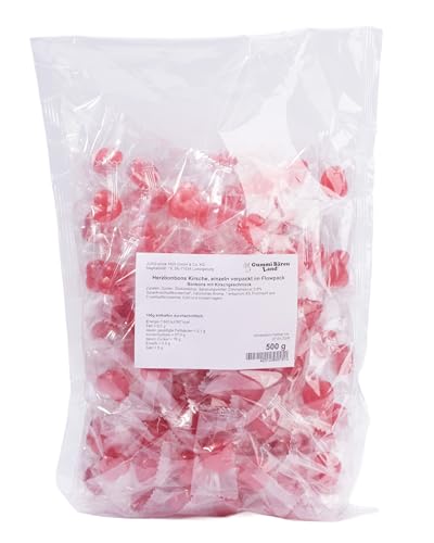 Herzbonbons Kirsche im Flowpack, Bonbons einzeln verpackt, ca. 140 Stück, perfektes Gastgeschenk für Hochzeiten, Taufe und Geburtstag, Valentinstag, Muttertag, Messe Giveaway