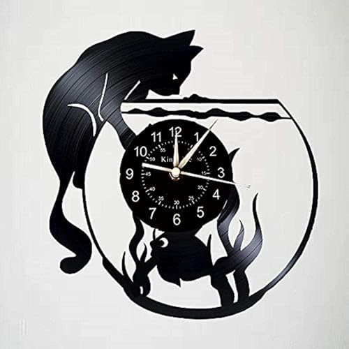 Smotly Horloge Murale en Vinyle, Horloge Murale à thème Chat et Poisson, Cadeau d'horloge Murale...