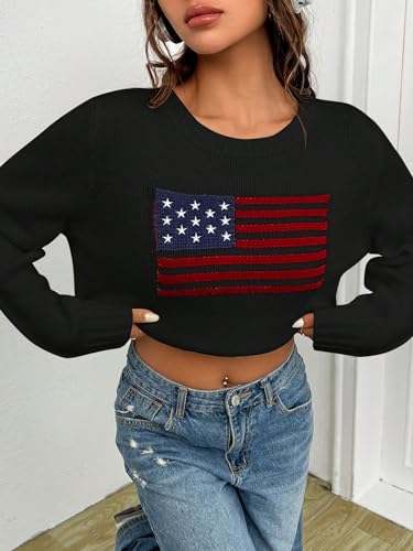 Image of SweatyRocks Women's Flag Pattern Long Sleeve Round Neck Sweater Casual Loose Pullover Sweater