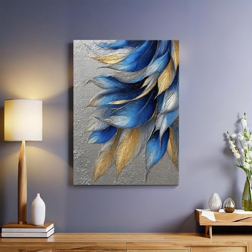 Gris Lienzo decorativo 40x30 cm Plumas abstractas azules y doradas pintura sobre lienzo moderno cuadros pared salón comedor dormitorio arte contemporáneo impresión