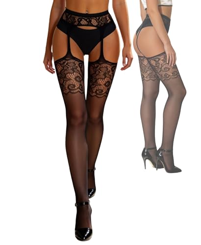 ohyeahlady Suspender Tights for Women Sexy Patterned Garter Pantyhose Black Stretch Fish Net Stockings Black Plus Size Tights UK 14-18