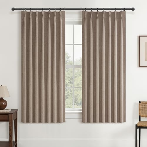 Image of QJmydeco Dark Flax 54 Inches Long 100% Blackout Small Curtains for Bay Window, Heavy Pinch Pleated Short Linen Kitchen Brown Country Curtain Room Darkening Thermal Winter Drapes (40 inch Wx54 L 2 Panels)