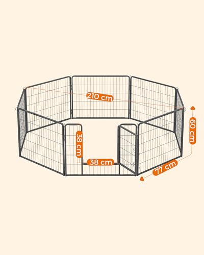 Feandrea Freilaufgehege, Laufstall DIY, mit 8 Gitterplatten je 77 x 60 cm, 2 L-förmige Riegel, transportabel, für innen und außen, Haustiere ohne Halsband, grau PPK86G