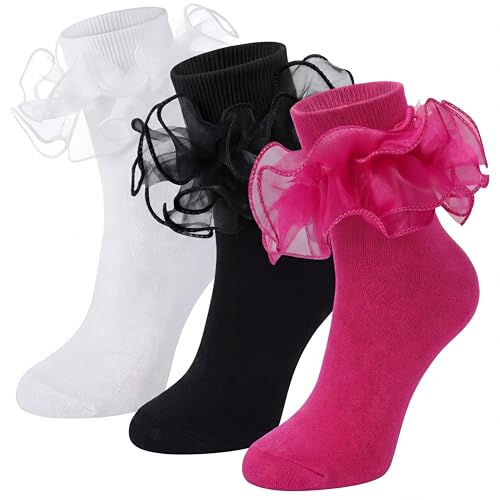 Image of Geyoga 3 Pairs Women Big Ruffle Socks Turn Cuff, Double Lace Ankle Cotton Frilly Socks for Ladies Summer
