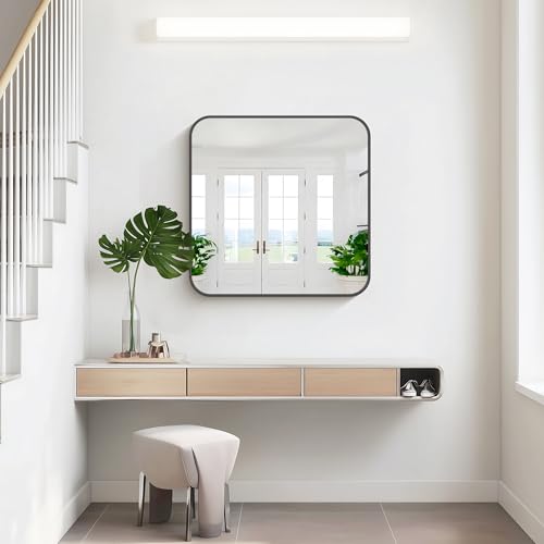 Image of KOCUUY Bathroom Mirror 30 inchx30 inch, Black Square Mirrors for Over Sink, Modern Vanity Mirror with Rounded Corner Metal Frame, Shatterproof Designed Wall Mirror for Bedroom, Living Room, Entryway