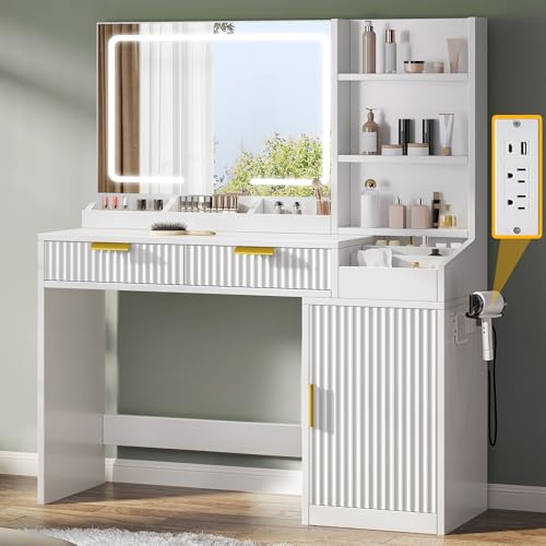 Image of DWVO Fluted Makeup Vanity Desk with Large Mirror and Lights, Makeup Table with Power Outlet, Shelves & 2 Drawers, 3 Color Lighting Modes