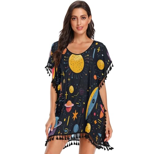KAAVIYO Cartoon Moon Blue Universe Women's Beach Cover Up Chiffon Tassel Swimwear Swimsuit Coverups for Girl