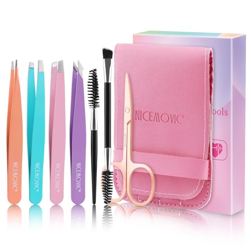 NICEMOVIC 7 Pcs Tweezers Set for Eyebrow, Stocking Stuffers for Teen Girls Women Adults, Tweezers Kit for Women Facial Hair with Scissor & Brush, Christmas Gifts for Women Teens Girls Beauty Gifts