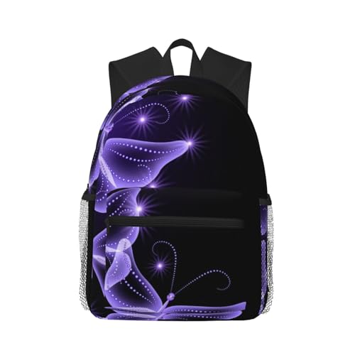 NUYFVG Hermosa mochila de día informal cómoda con mariposas moradas para uso diario, versátil, para el trabajo, senderismo, viajes al aire libre