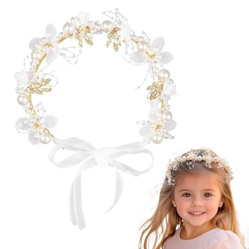 OHREN Diadema Comunión Niña Corona de Flores Tocado Princesa con Perlas para Boda y Niña de Las Flores (Blanco)