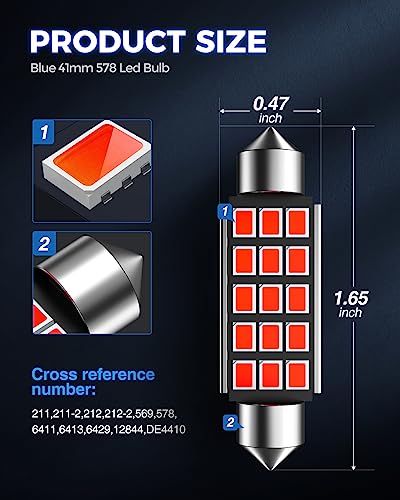 Marsauto 578 LED Bulbs 211-2 212-2 C5W Festoon Red 2835 Chipsets for Interior Dome Map Door Lights Bulbs, 41mm 42mm 569 6411 6451 2835 Chipsets LED Light Lamp 1.65inch Extremely Bright (Pack of 4) - Thumbnail 7