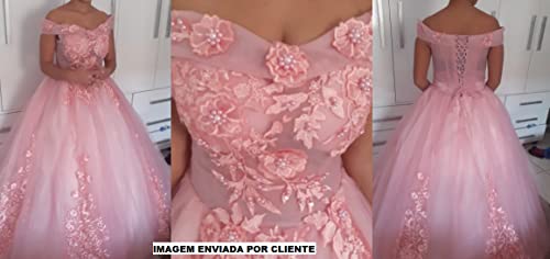 Vestido de Festa Princesa para Debutantes Rendado Ombro a Ombro Aplique em Renda Floral (38, PRETO)