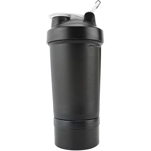 Coqueteleira Whey Shaker Academia Compartimento Suplementos Divisórias 500ml (Preto)