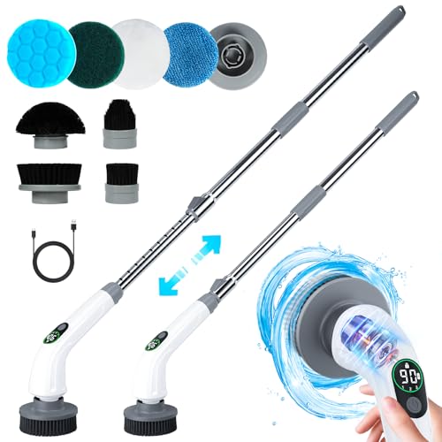 Electric Spin Scrubber, 550 RPM Cordless Home Cleaning Brush with Extended Handle, 3 Speeds, 8 Replacement Heads, IPX7 Waterproof, LCD Display – Power Shower Scrubber for Bathroom, Tub, Floor, Tile