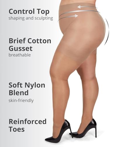 Image of MeMoi Energizing Plus Size Curvy Control Top Pantyhose for Women, Semi Opaque Pantyhose, Lightweight Womens Stockings