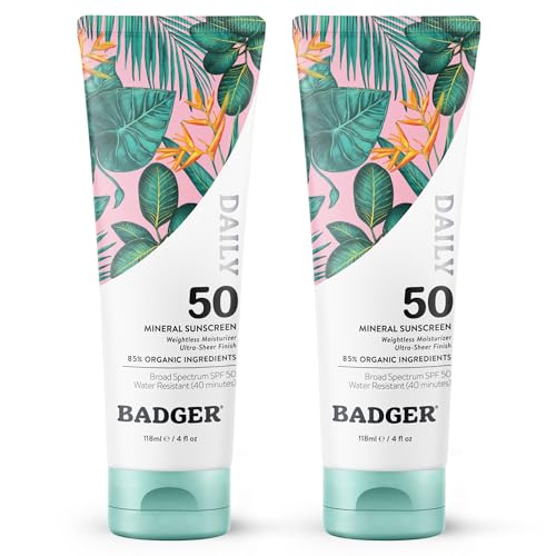 Image of Badger SPF 50 Daily Mineral Sunscreen with Zinc Oxide, 85% Organic, Lightweight & Easy to Apply, No White Cast, Moisturizing, Reef Safe, Vegan, Unscented, 4 fl oz, 2 Pack