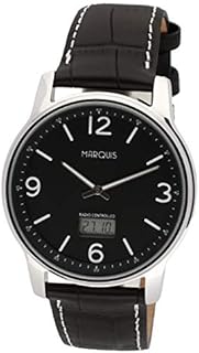 MARQUIS Herren Armbanduhr Funkuhr Schwarzes Lederarmband mit Edelstahlverschluss Edelstahlgehäuse 4719-135