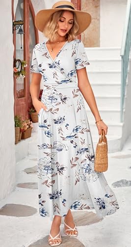 Image of WNEEDU Women's Summer Maxi Dress Short Sleeves Wrap V Neck Long Dresses with Pockets