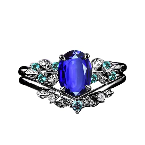 S925/10K/14K/18K Solid Gold Oval Gemstone Vintage Engagement Ring Set Leaf Unique Vine Gemstone Wedding Anniversary Ring Set Black Gold Bridal Ring Set