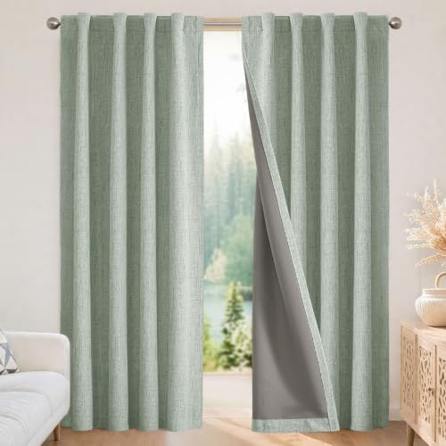 Image of Joydeco Blackout Curtains for Bedroom-63 Inch Long 100% Light Blocking Sage Green Drapes,Thermal Insulated Room Darkening Curtains,Linen Textured for Living Room, Rod Pocket & Back Tabs (Pack of 20)