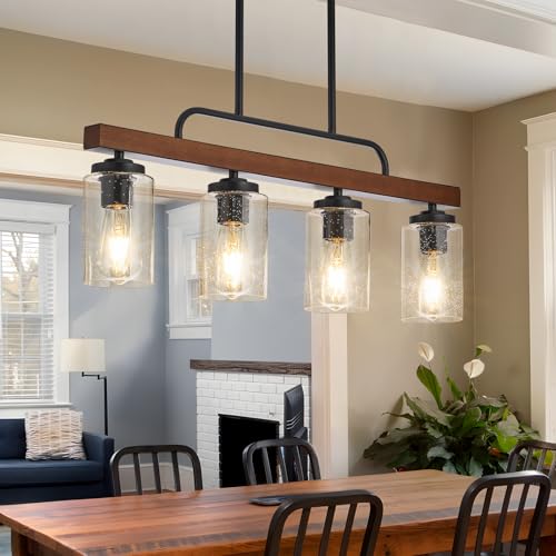 Farmhouse Dining Room Light Fixture, 4-Light Wood Kitchen Island Lighting, Industrial Chandeliers...