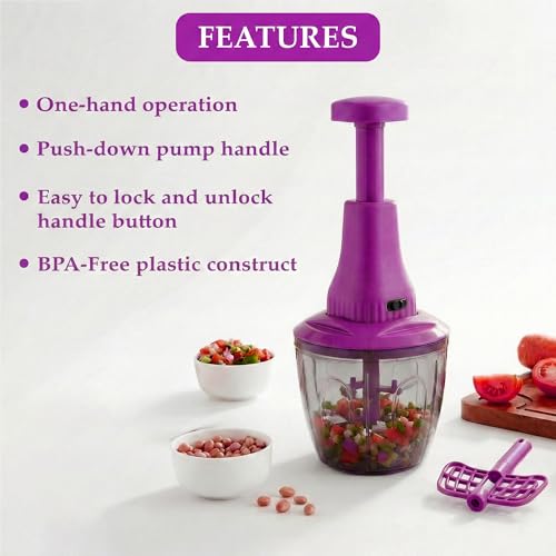 Image of Chopper for Kitchen Use | 1100 ml Round Manual Push Chopper with 5 Blades and Whisker | Chopping Vegetables & Fruits, Onion, Ginger, Garlic, Salad, Tomato, Potato (Purple)