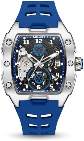 MEGIR Automatic Mechanical Men Watch, Silicone Band, 43x50mm Alloy Case, 3ATM Water Resistant, Luminous Hands, Blue